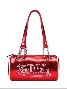Von Dutch Metallic Red Barrel Shoulder Bag with Chain Straps